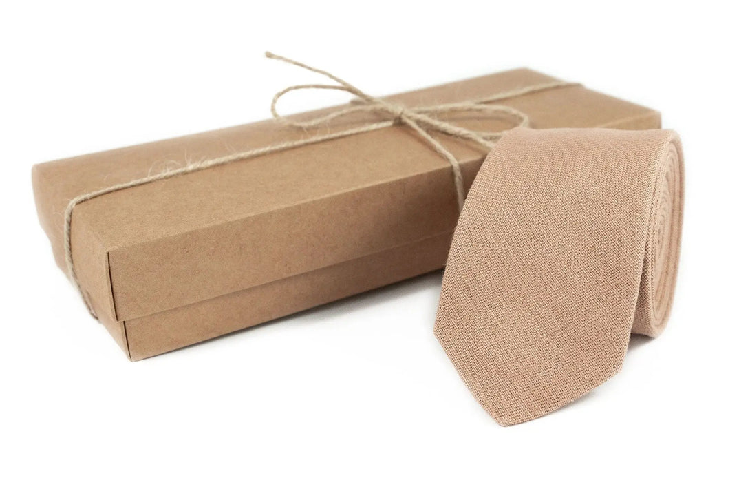 Taupe color linen pre-tied wedding bow ties for groomsman proposal gift and ring bearer gift / Light brown skinny necktie