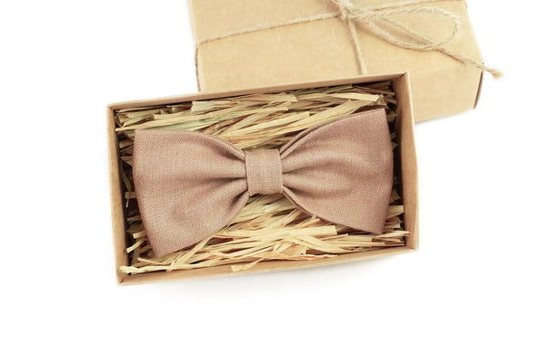 Taupe color linen pre-tied wedding bow ties for groomsman proposal gift and ring bearer gift / Light brown skinny necktie