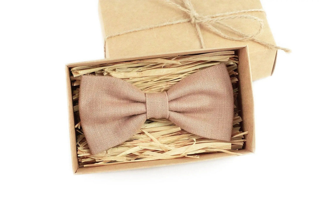 Taupe color linen butterfly bow ties for men and boys available with matching handkerchief / Gift for men