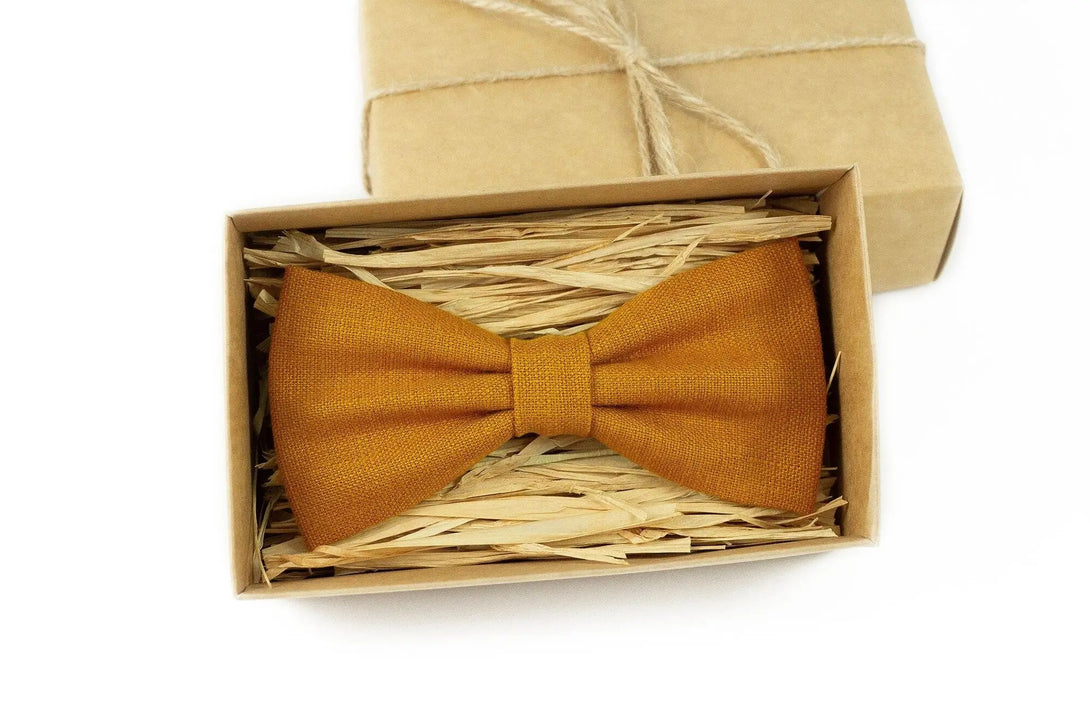 Mustard color pre-tied ties for men and toddler baby boys available with matching pocket square / Gift for men