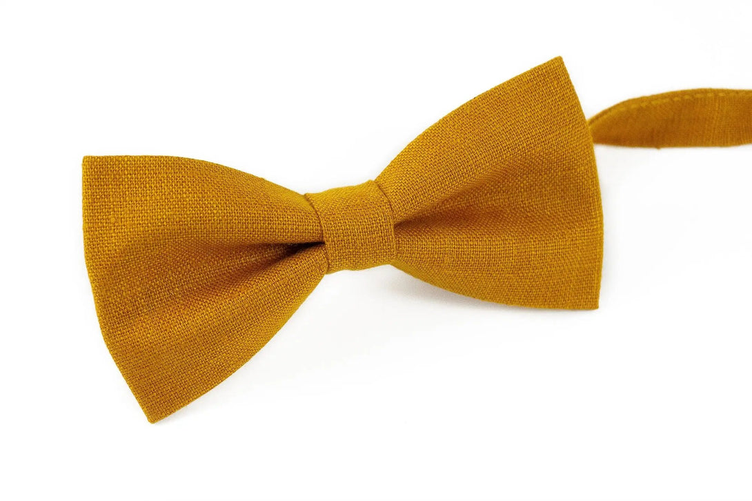 Mustard color linen classic groomsmen bow ties for weddings / Unique handmade gift for father or husband