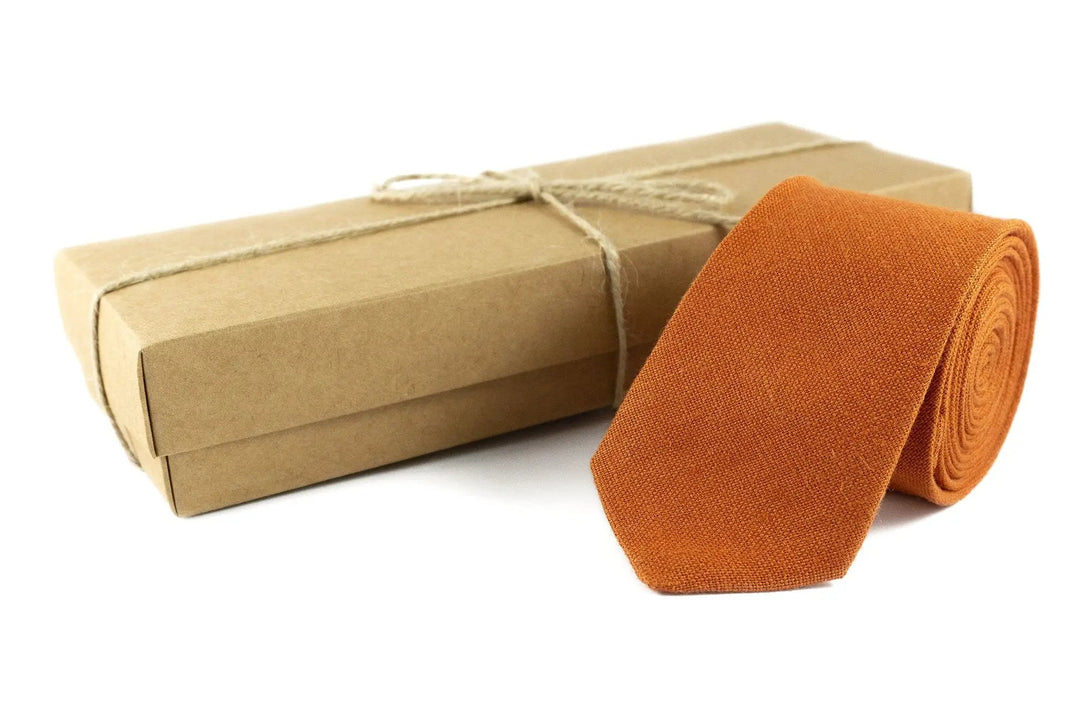 Burnt orange classic linen men's bow ties available with matching pocket square / Skinny or slim necktie