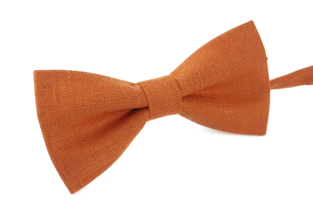 Burnt orange classic linen men's bow ties available with matching pocket square / Skinny or slim necktie