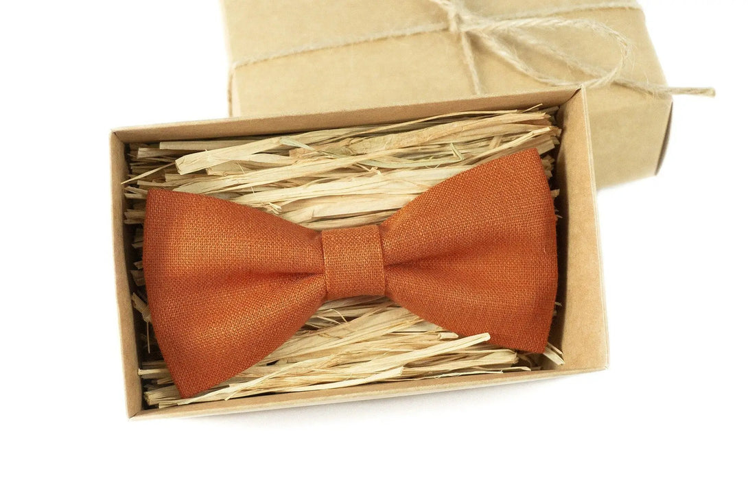 Burnt orange classic linen men's bow ties available with matching pocket square / Skinny or slim necktie