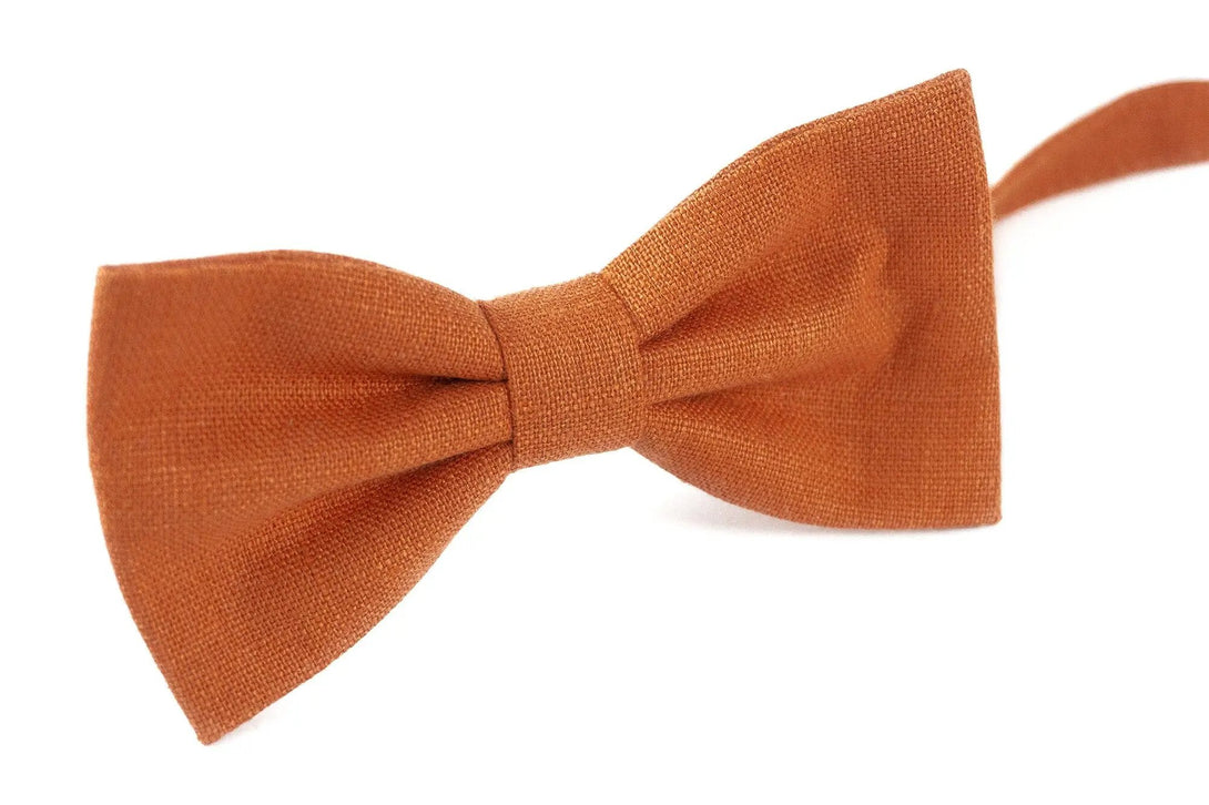 Burnt orange linen pre-tied wedding bow ties for groomsmen and ring bearer boys / Anniversary gift for men