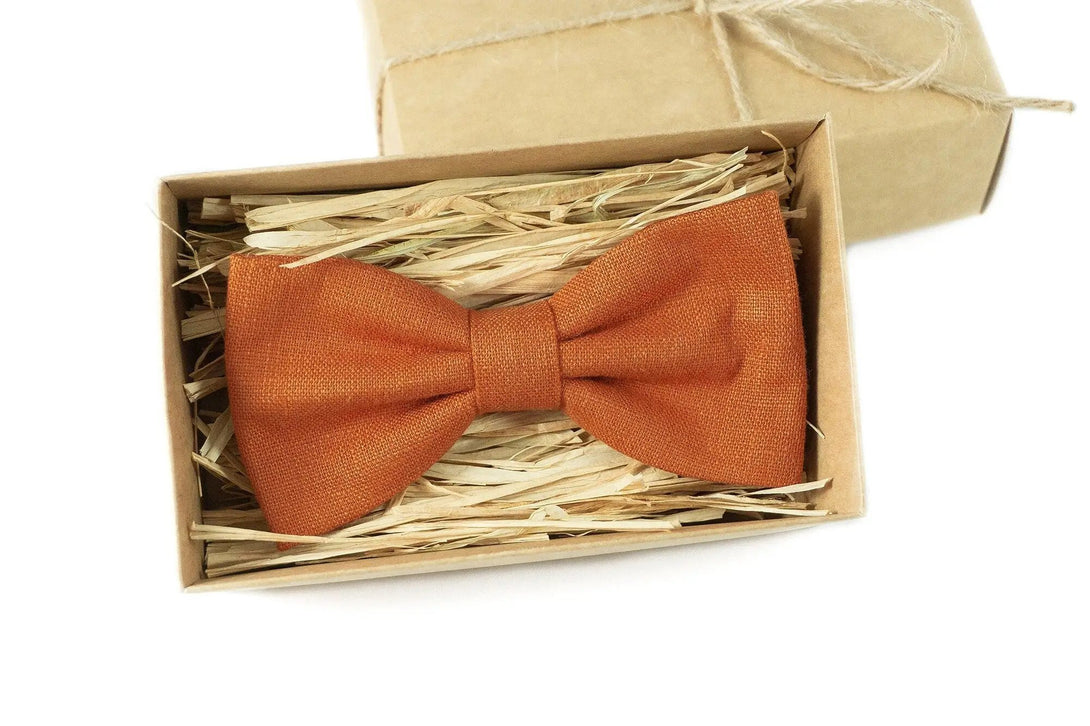 Burnt orange linen pre-tied wedding bow ties for groomsmen and ring bearer boys / Anniversary gift for men