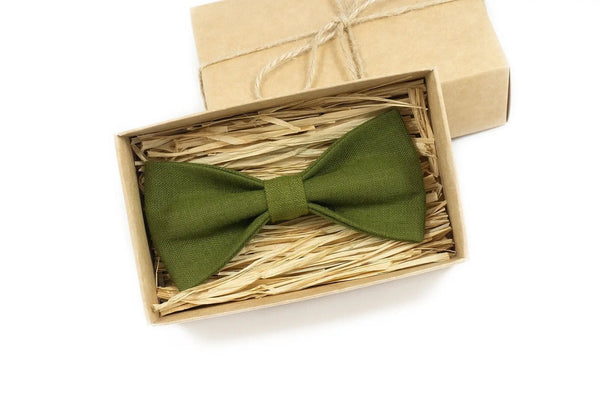 Moss green linen wedding bow tie for groomsmen proposal gift / Ring bearer boys bow tie