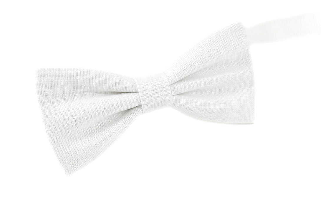 White color linen bow ties for man and baby boys available with matching handkerchief / Skinny necktie