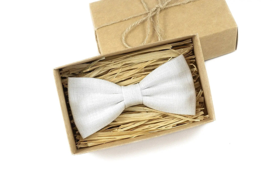 White color linen bow ties for man and baby boys available with matching handkerchief / Skinny necktie