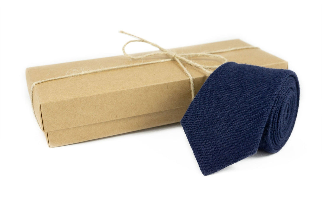 Navy Blue linen handmade necktie for man available with matching pocket square / Unique fathers day gift or anniversary gift for men