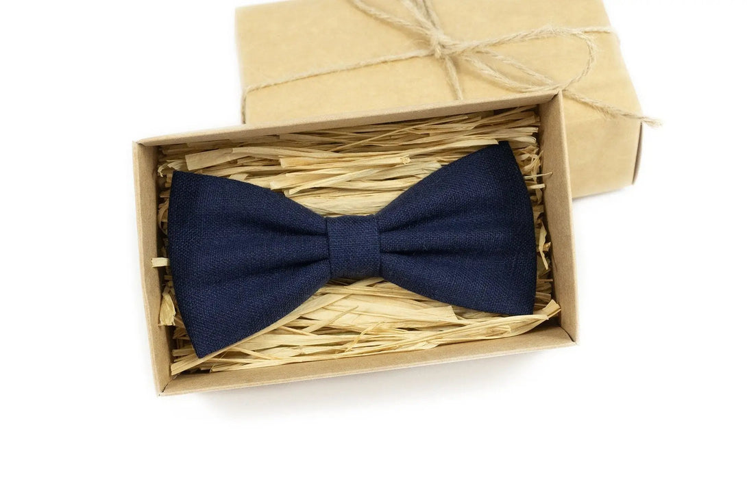 Navy Blue linen bow ties for men and baby toddler boys available with matching pocket square / Unique birthday gift for father or boyfriend