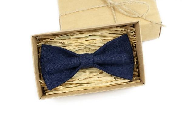 Navy Blue linen groomsmen bow tie for wedding / Skinny or slim necktie for man available with matching pocket square