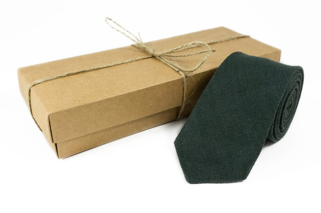 Smoke Pine color linen pocket square / handkerchief available with matching groomsmen ties for weddings / Forest green groomsmen necktie