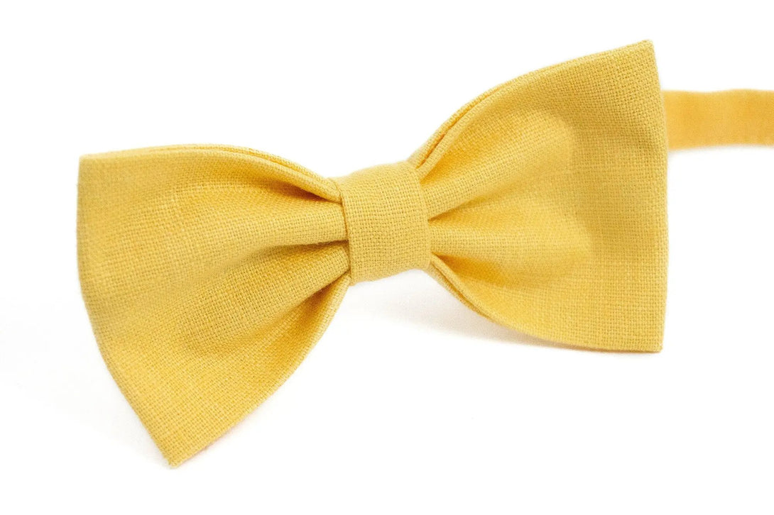 Yellow linen butterfly wedding bow tie for groomsmen proposal gift / Anniversary gift for husband or boyfriend