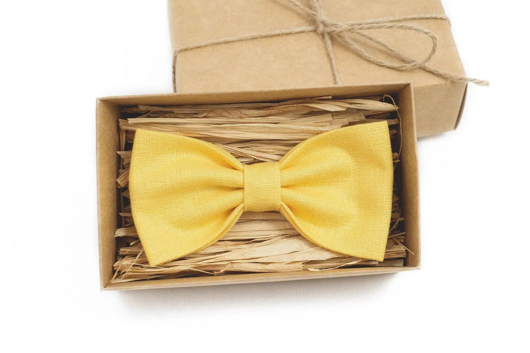 Yellow linen butterfly wedding bow tie for groomsmen proposal gift / Anniversary gift for husband or boyfriend