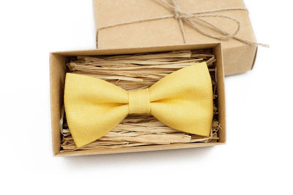 Yellow linen classic groomsmen and groom bow ties for wedding / Pre-tied bow ties for men and baby boys