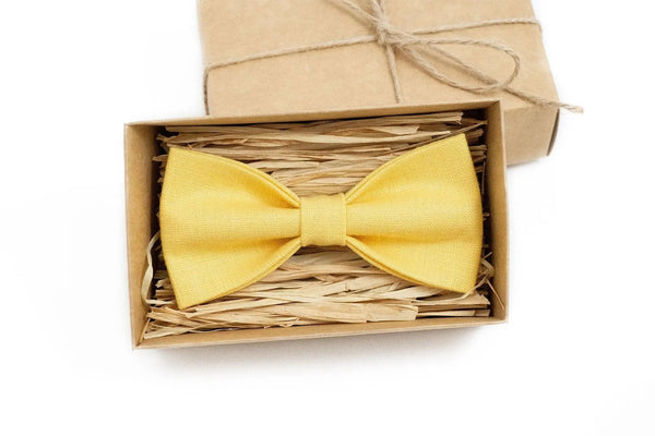 Yellow linen pre-tied wedding ties for men / Unique handmade daddy and son bow ties for fathers day gift