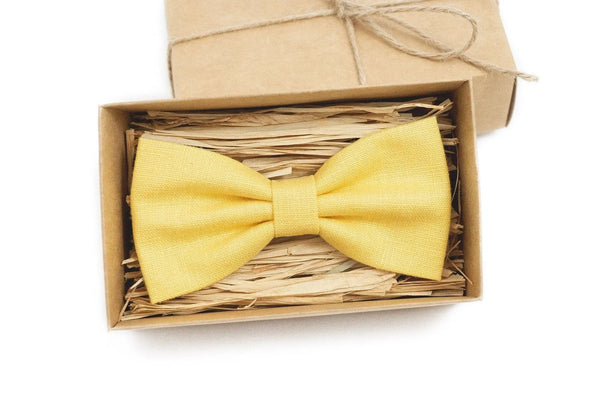 Yellow linen pre-tied bow ties for men and toddler boys available with matching handkerchief / Gift for men