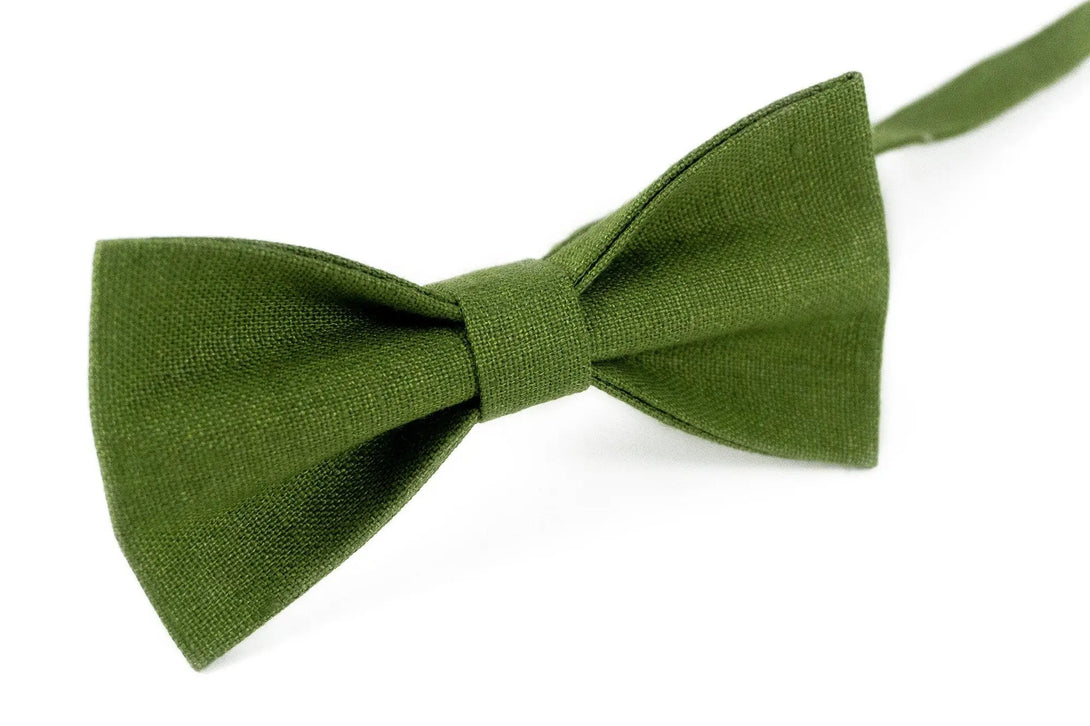 Olive green linen pre-tied best men ties for weddings available with matching pocket square / Gift for men