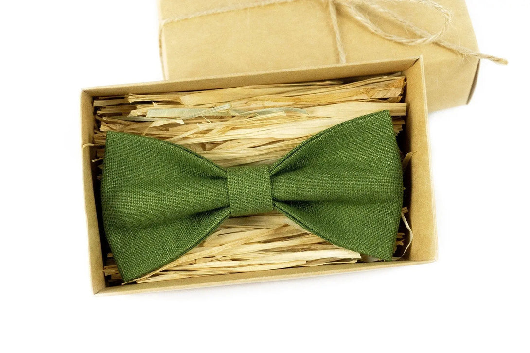 Olive green linen pre-tied best men ties for weddings available with matching pocket square / Gift for men