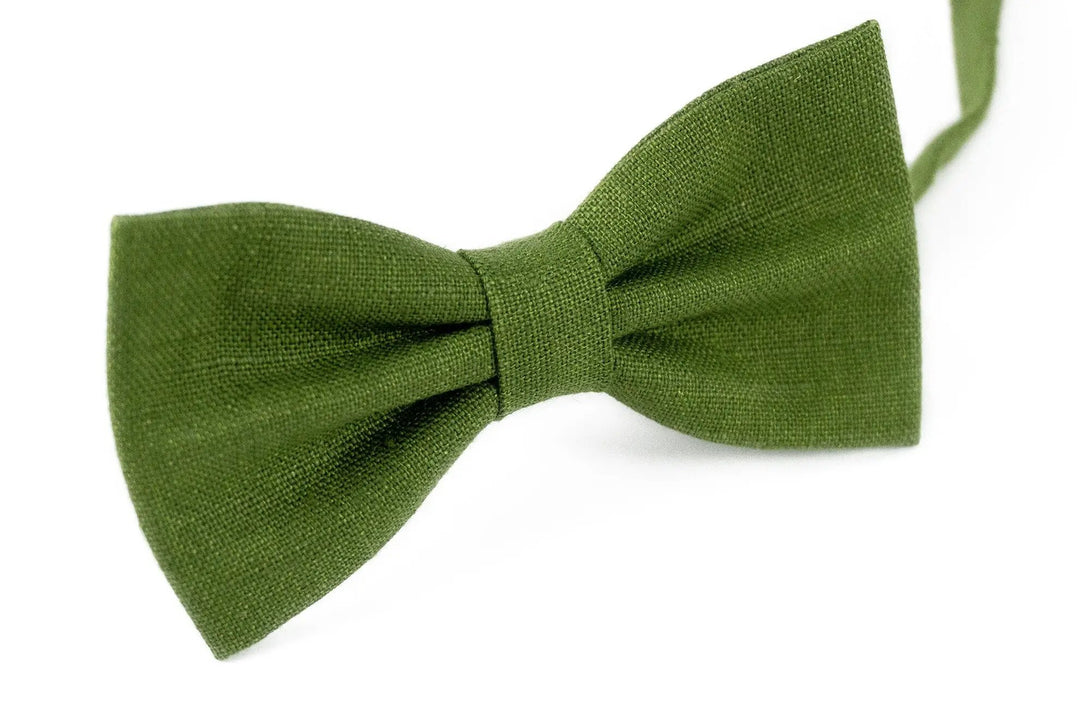 Olive green linen pre-tied bow ties for men and kids available with matching handkerchief / Handmade skinny necktie