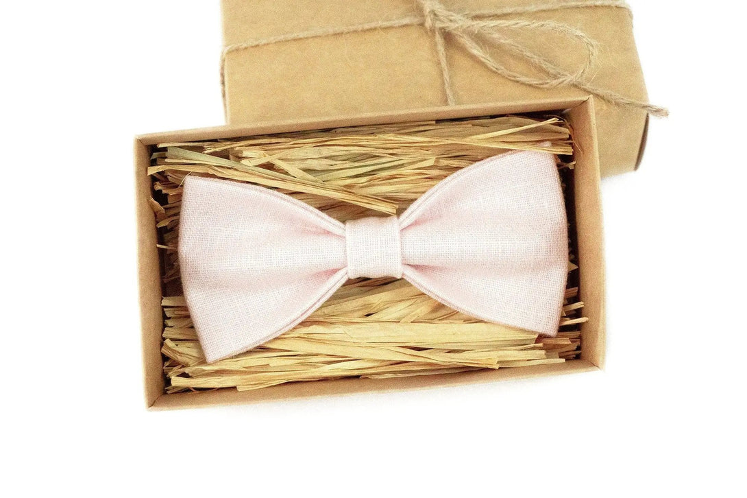 Petal pink color linen pre-tied wedding bow ties and neckties for groomsman and groom / Gift for men