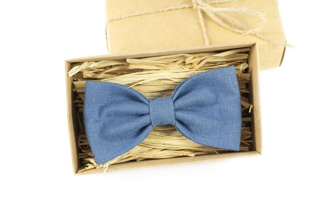 Denim Blue color pre-tied best men ties for wedding available with matching pocket square / Handmade linen bow ties for men and boys