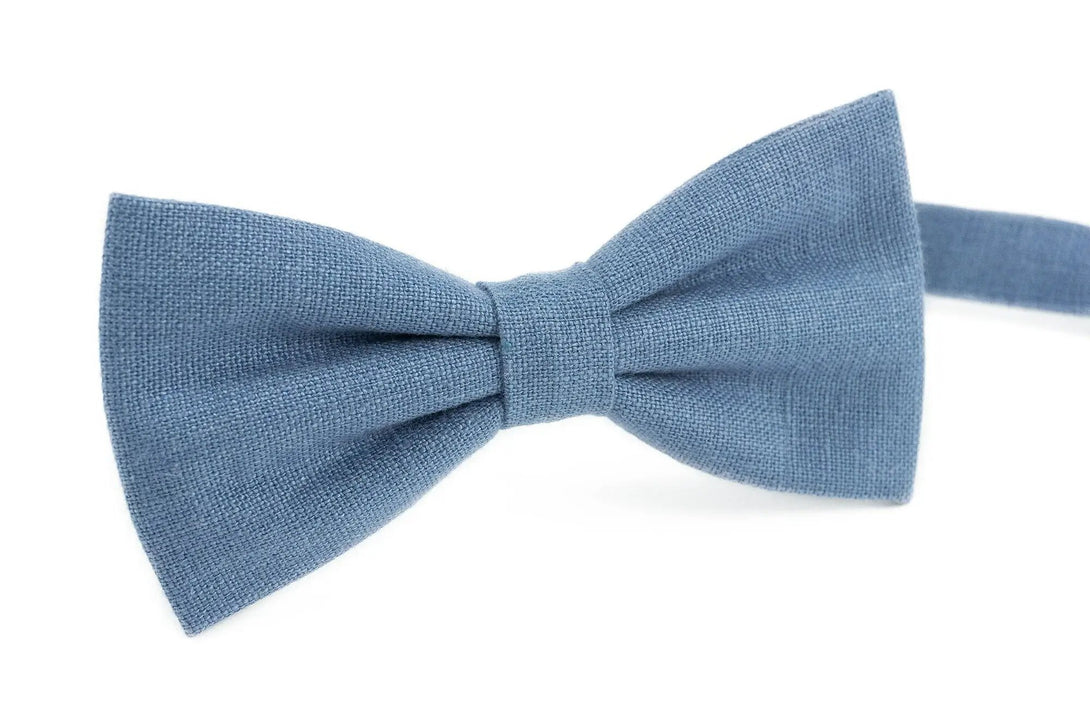 Denim Blue color pre-tied linen bow ties for men and toddler baby boys / Blue color wedding neckties for groomsmen