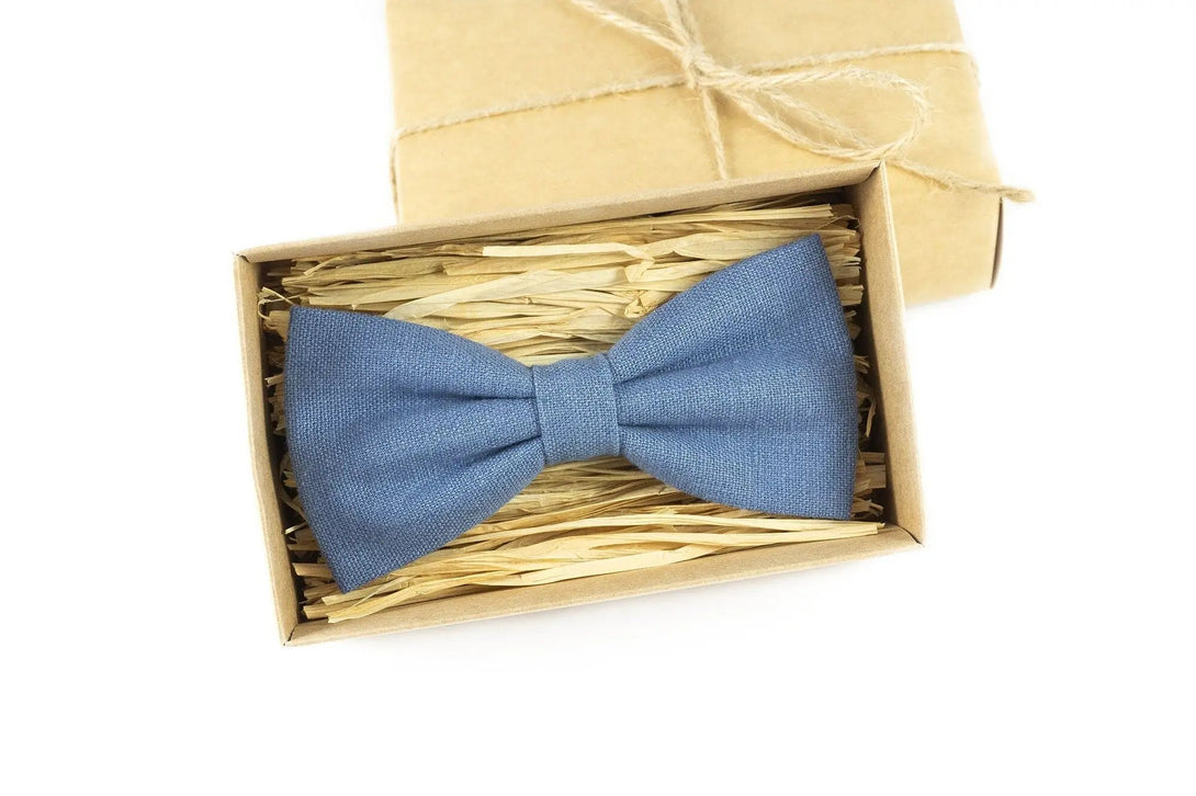 Denim Blue color pre-tied linen bow ties for men and toddler baby boys / Blue color wedding neckties for groomsmen