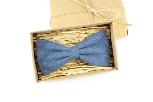 Denim Blue color pre-tied linen bow ties for men and toddler baby boys / Blue color wedding neckties for groomsmen