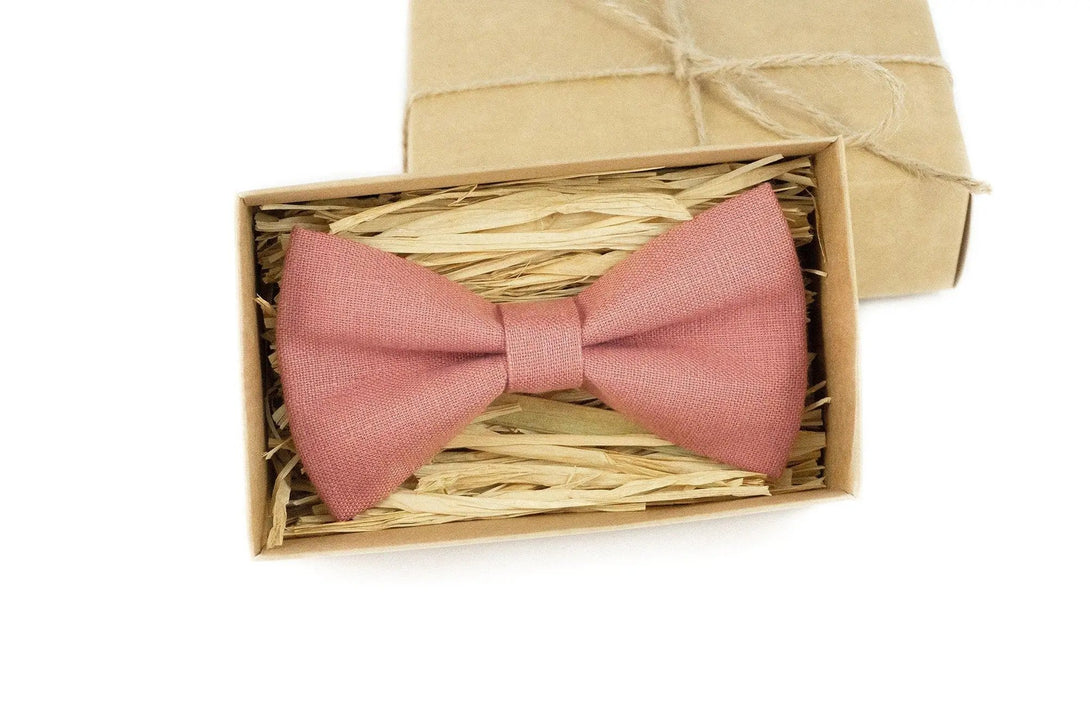 Dark dusty rose bow linen wedding bow ties for groomsman proposal gift / Unique gift for father or husband