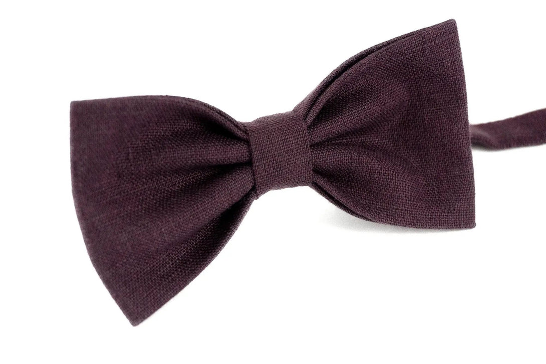 Eggplant color linen pre-tied bow ties for man and kids / Purple wedding necktie for groomsman gift