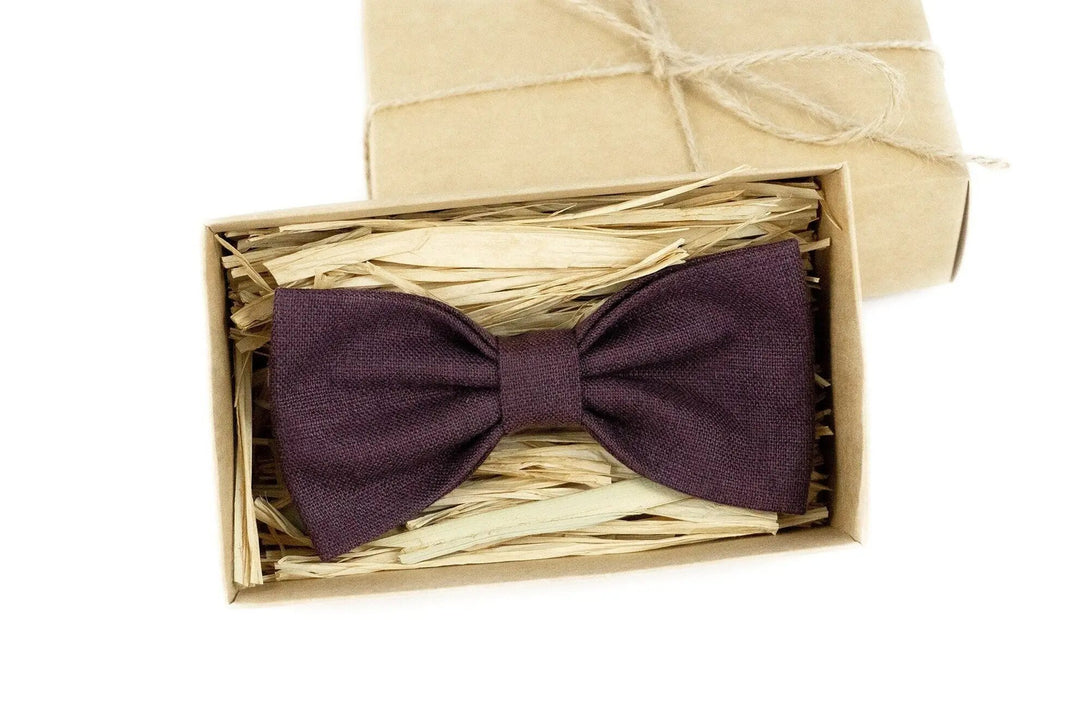 Eggplant color linen pre-tied bow ties for man and kids / Purple wedding necktie for groomsman gift