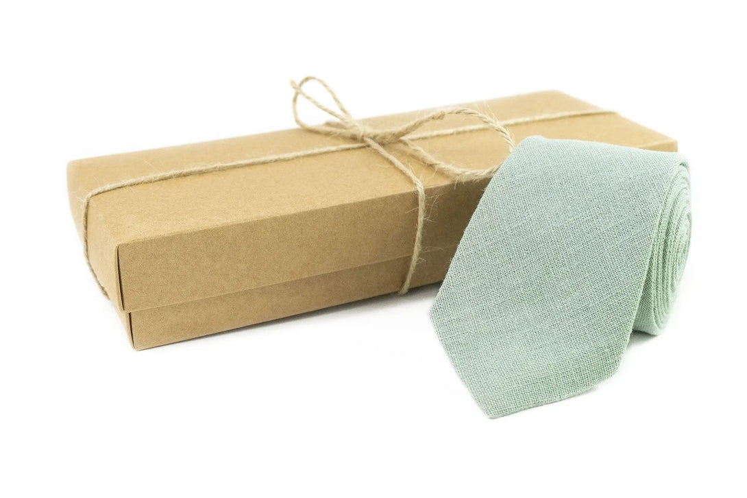 Dusty Sage Green linen skinny slim or regular neckties for men available with matching pocket square / Light sage wedding necktie for groom