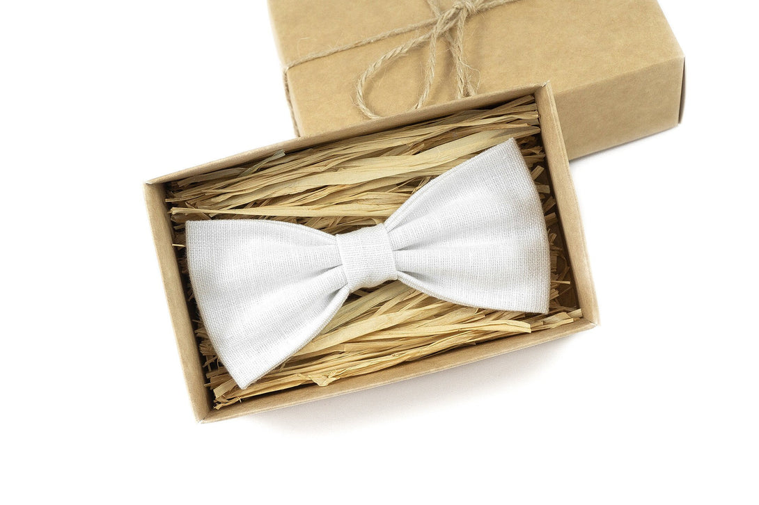 White color bow tie available with matching pocket square / Pretied linen wedding bow tie or necktie for man and toddler boys