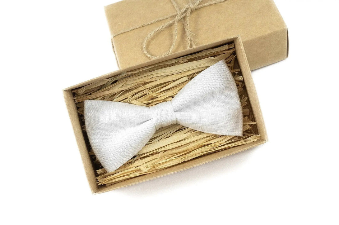 White wedding bow tie made from eco-friendly linen / Skinny standard or slim necktie for man