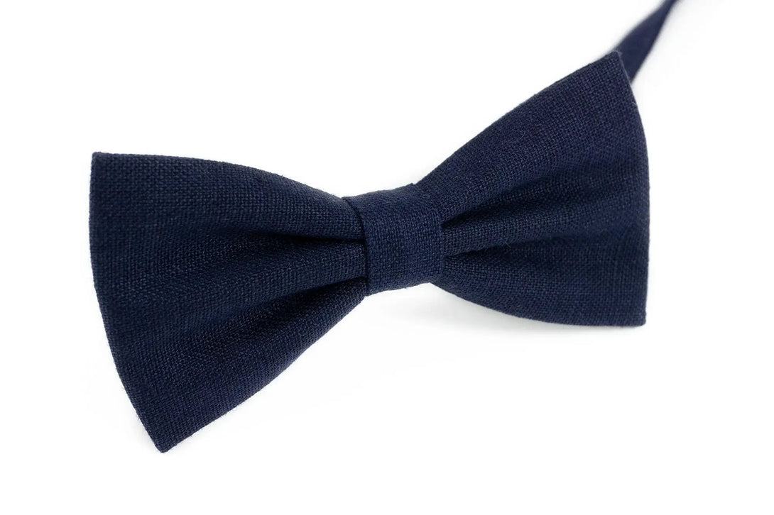 Navy Blue linen bow ties for men and baby toddler boys available with matching pocket square / Unique birthday gift for father or boyfriend