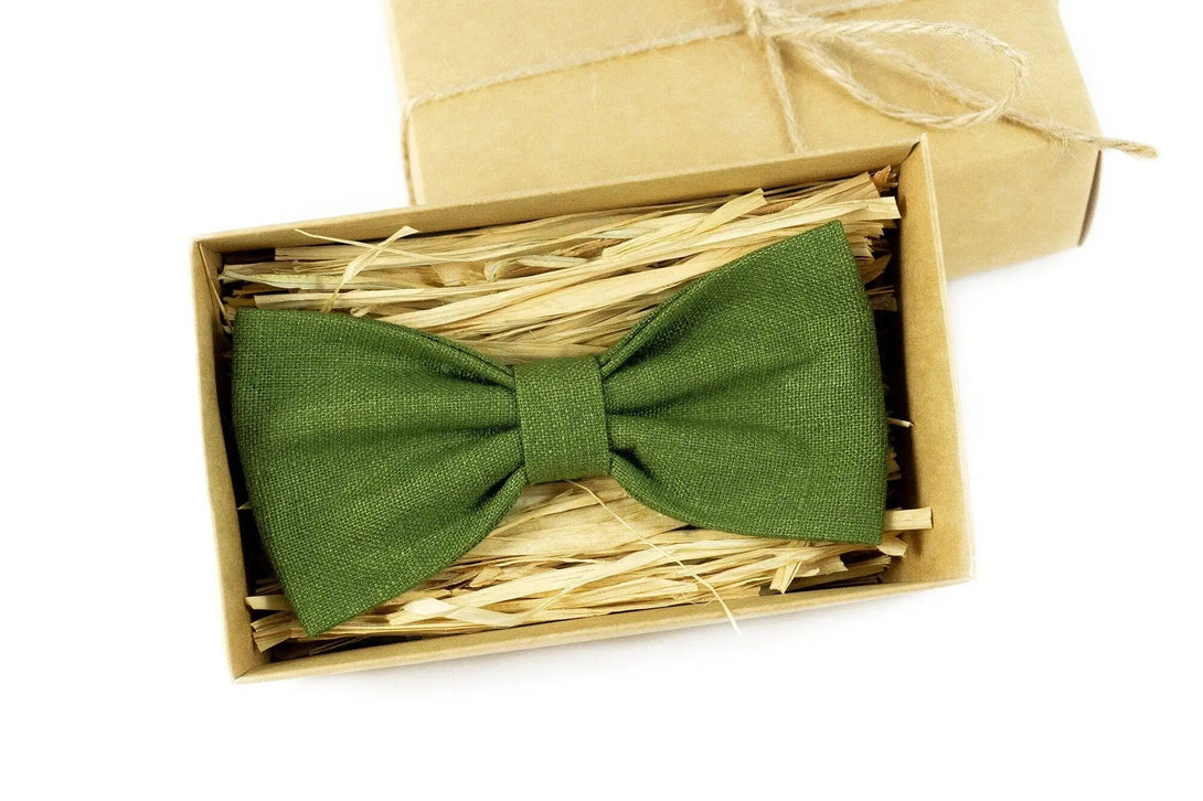 Olive green wedding bow ties for groomsmen proposal gift / Linen handmade ties for men and baby boys