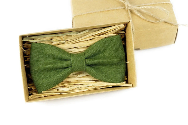 Olive green linen pre-tied bow ties for men and kids available with matching handkerchief / Handmade skinny necktie