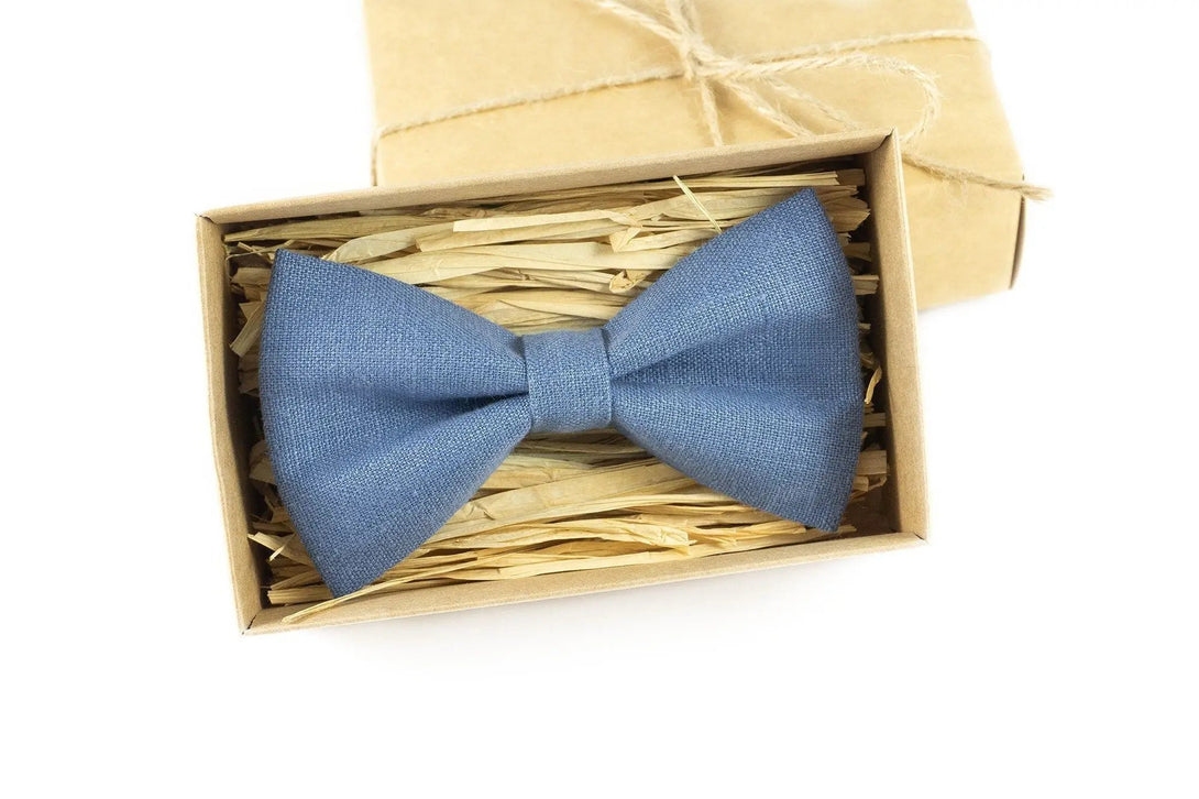 Denim Blue color linen bow ties for men and toddler baby boys / Daddy and son bow ties available with matching pocket square