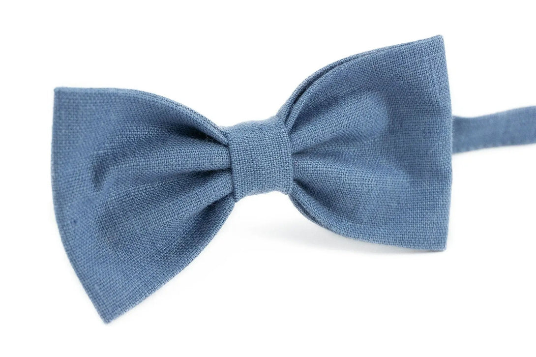 Denim Blue color pre-tied best men ties for wedding available with matching pocket square / Handmade linen bow ties for men and boys