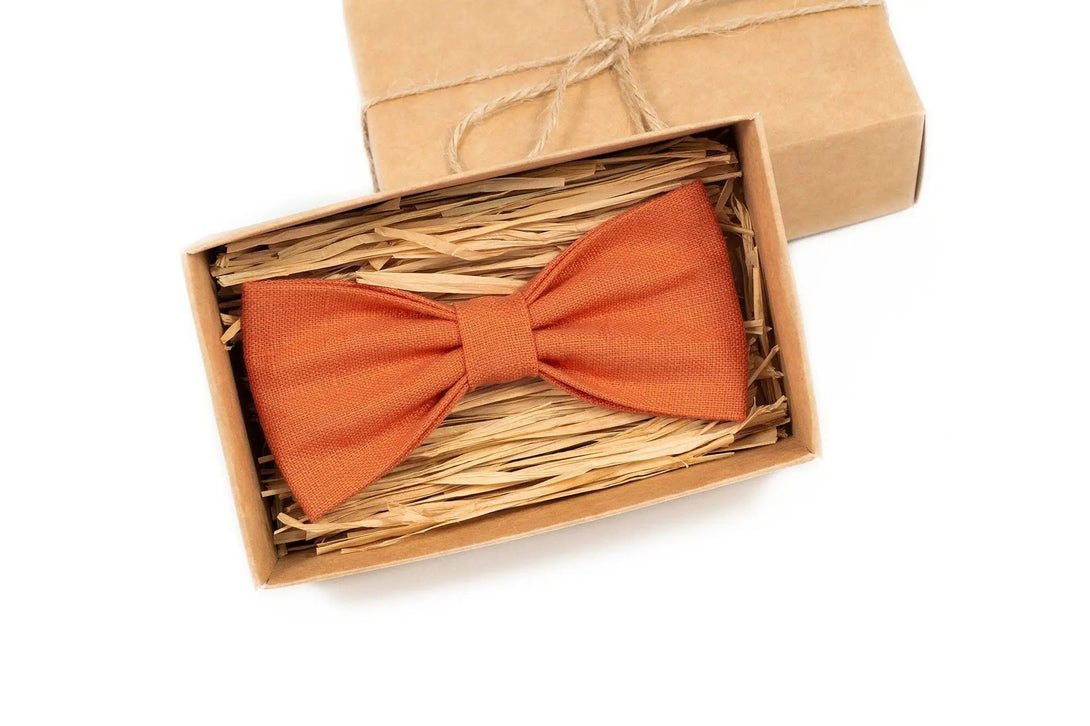 Orange color linen pre-tied best men ties for weddings / Anniversary gift for husband or boyfriend