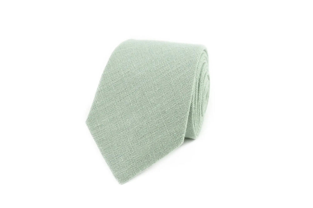 Dusty Sage Green linen skinny slim or regular neckties for men available with matching pocket square / Light sage wedding necktie for groom