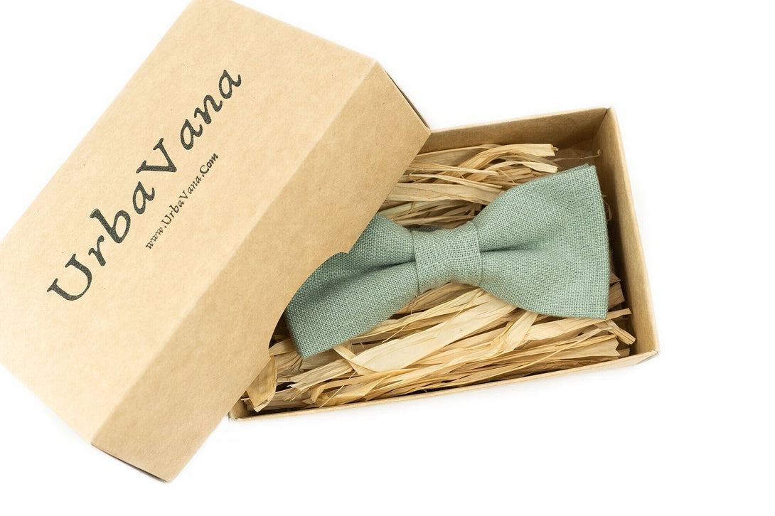 Dusty light sage green linen bow ties for man and baby boys