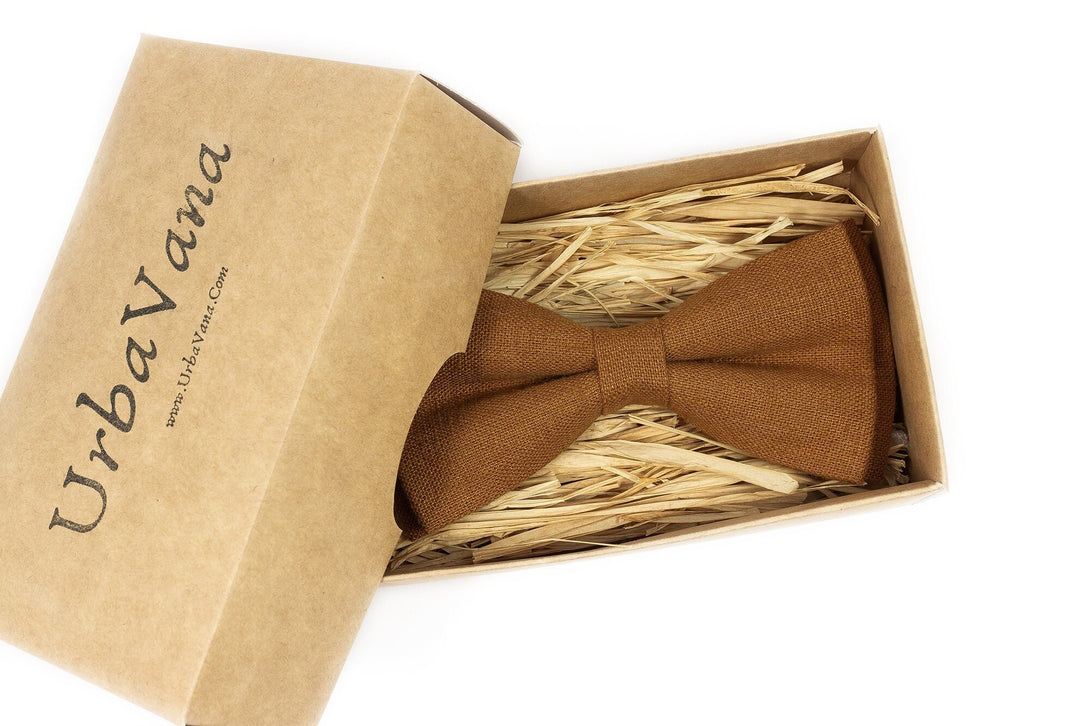 Copper linen men's wedding bow tie for groomsmen - Copper brown wedding bow tie as gift for men