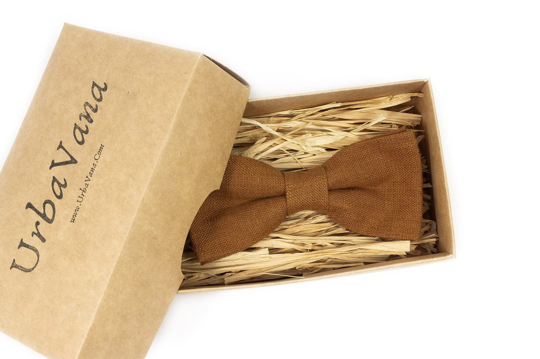 Light Copper brown linen wedding bow ties for groomsmen proposal gift