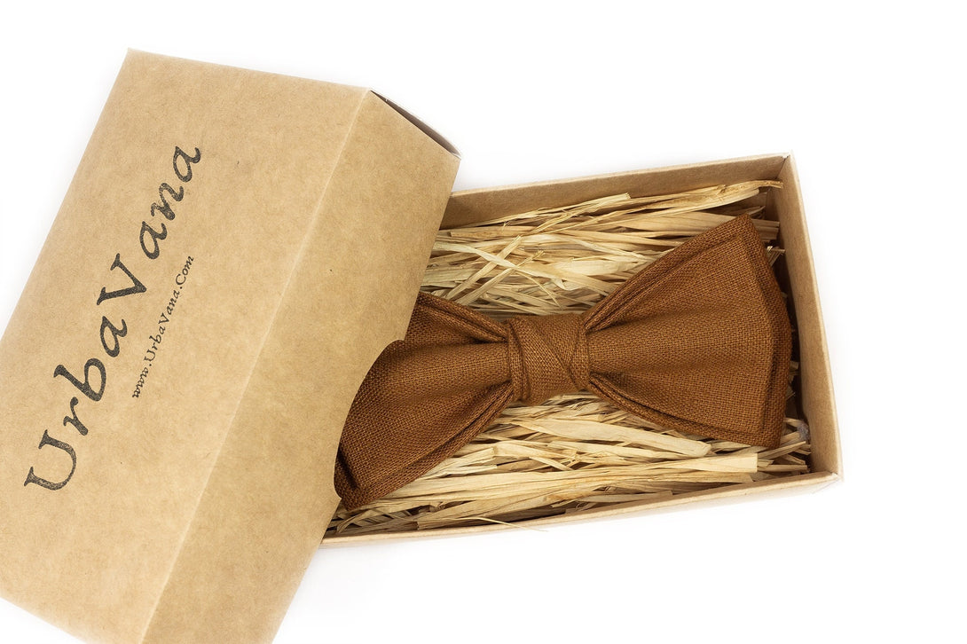 Copper pre-tied bow ties for men made from eco-friendly linen