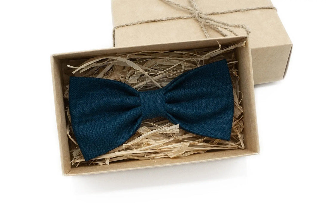 Ink Blue pre-tied butterfly bow ties for man and baby boys / Linen wedding bow ties for groomsman proposal gift