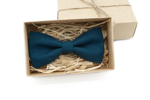 Ink Blue color pre-tied ties for man made from eco-friendly linen / Teal Blue Birthday gift for father or boyfriend