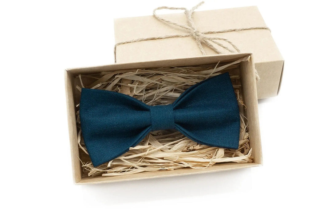 Ink Blue linen groomsman bow ties for weddings and ring bearer gift / Skinny wedding necktie